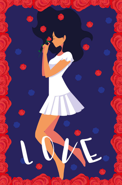 mujer moda en cartel amor con flores rosas
 - Vector, Imagen