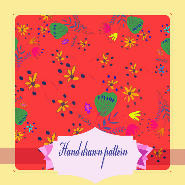 Card with floral seamless pattern, pale yellow  frame, label    on a  rosy     background. Hand drawn. - Vector, Image