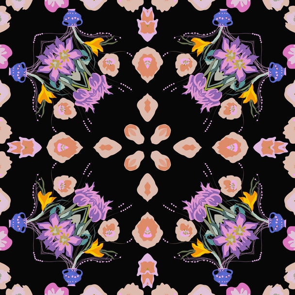 Circulaire naadloze patroon van gekleurde bloemen motief, bloemen, kroeuses op een zwarte achtergrond. Hand getekende.  - Vector, afbeelding