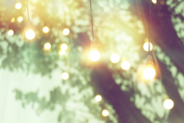 розмитий боке світло на заході сонця з жовтим струнним світлом декор в дереві
 - Фото, зображення