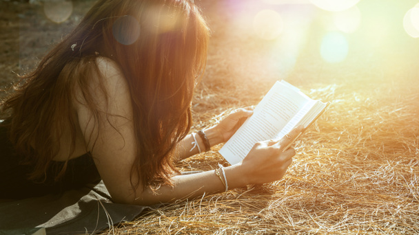 Žena uklidňující čtení v parku. Dovolená Odpočívej v četbě. Mladé ženy relaxujte, spí, čtou knihy během prázdnin. příroda, venkovní, dovolená, vzdělání, čtení knihy, kniha, napsání poznámky, deník. - Fotografie, Obrázek