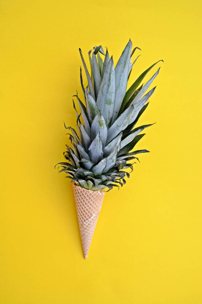 The stalk of a pineapple in an ice cream cone against a monochrome background as a symbol of pineapple ice cream as a fruity refreshment in summer - Photo, Image