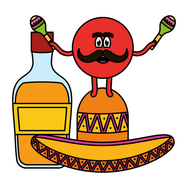 mexican emoji with hat and tequila bottle - Vector, Image