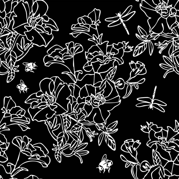 бесшовный цветочный фон с белыми цветами на черном фоне. Вектор
 - Вектор,изображение