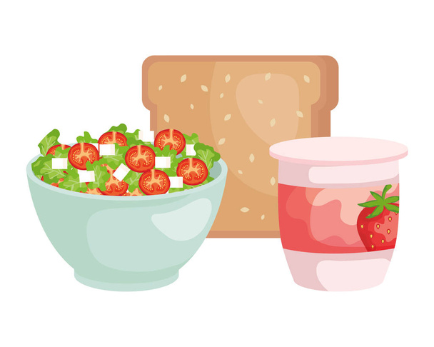 ceramic bowl with vegetables salad and bread - Vector, imagen