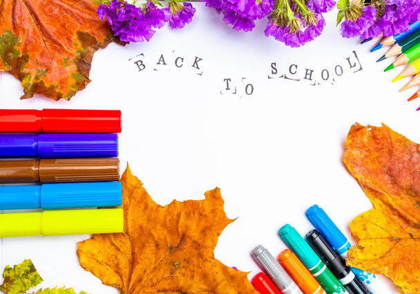 carta bianca con iscrizione stampata "Ritorno a scuola" con pennarelli, matite isolate
 - Foto, immagini