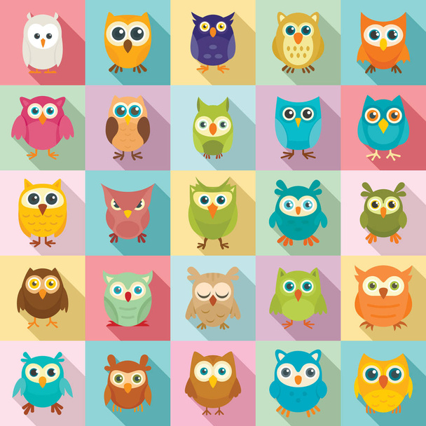 Owl icons set, flat style - Vektör, Görsel