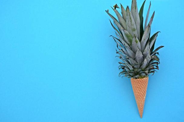 De stengel van een ananas in een ijsje tegen een monochrome achtergrond als een symbool van ananas-ijs als een fruitige verfrissing in de zomer - Foto, afbeelding