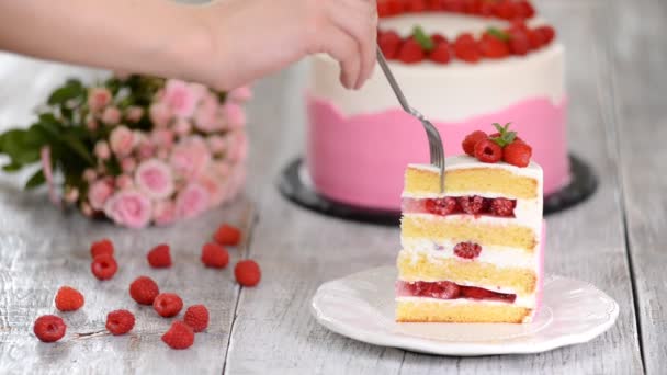 Raspberry cream cake with jelly, close up. - Footage, Video
