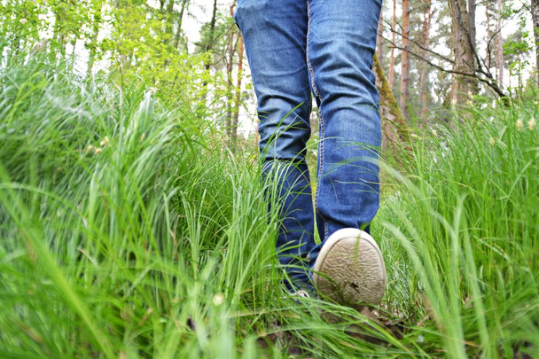 close up of legs in jeans, walking in nature  - Φωτογραφία, εικόνα