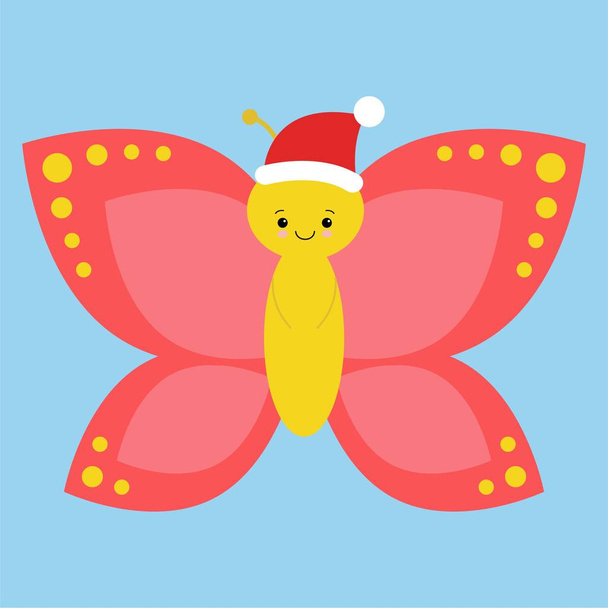 Papillon mignon et drôle portant le chapeau du Père Noël et souriant - vecteur. Carte de Noël Kawaii
 - Vecteur, image