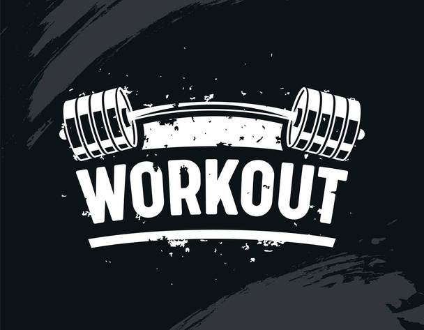 Workout banner, gyakorlat tornaterem a súlyzó, Body Training, kreatív testépítés és fitness motiváció Concept. Monokróm fekete-fehér tipográfia, grunge stílus. Inspiráció. Vektoros illusztráció - Vektor, kép