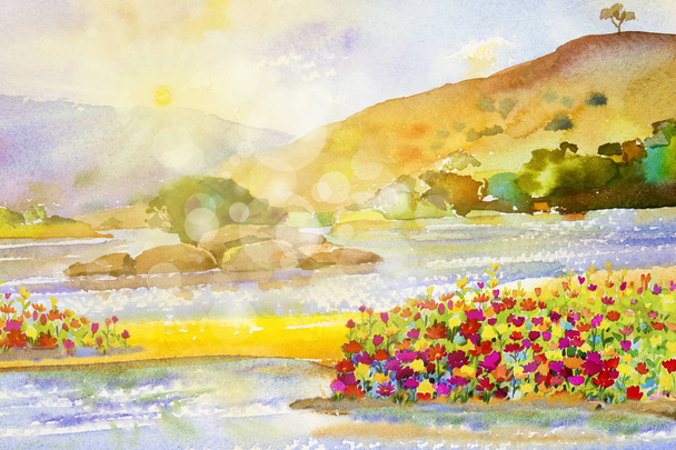 Aquarell Landschaftsmalerei bunt von Blumen Sonne Fluss und  - Foto, Bild