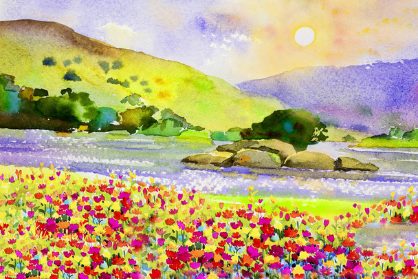 Watercolor landscape painting colorful of flowers river and moun - Photo, Image