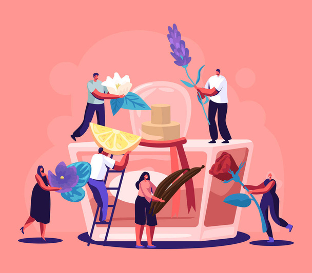 Male and Female Perfumer Characters Create New Perfume Fragrance. Tiny People Bring Ingredients to Huge Sprayer Bottle with Toilet Water. Aroma Composition. Perfumery Cartoon Flat Vector Illustration - Vector, Image
