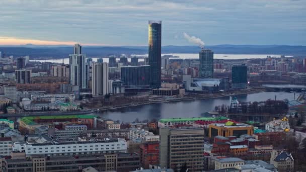 Beautiful aerial view of the city and the river in the center of the European city. - Video