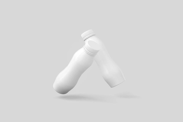 白いヨーグルト牛乳プラスチック ボトル。分離に関するソフト背景が灰色。あなたのデザインのテンプレートの準備ができてのモックを作成します。3 d レンダリング. - 写真・画像
