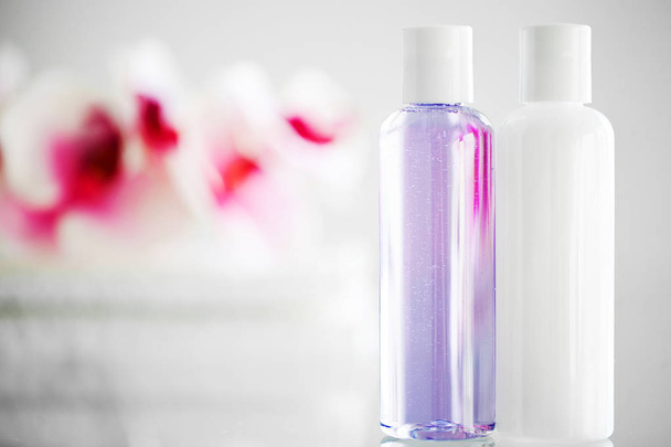 Shower supplies. Composition cosmetic products of spa treatment. - 写真・画像