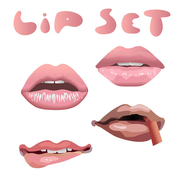 Set von weiblichen rosa attraktiven Lippen. Lippen mit leicht gescheitelten Zähnen, Lippen mit offenem Mund, die Unterlippe beißend, Lippen mit einem Strohhalm im Mund auf weißem Hintergrund - Vektor, Bild
