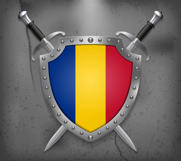 Čadská vlajka Štít s národní vlajkou. Dva zkřížené meče. - Vektor, obrázek
