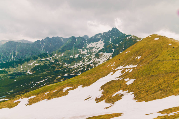 Górski krajobraz z zielonymi wysokimi gęste drzewa, Dolina i pokryte śniegiem kamiennych skał. - Zdjęcie, obraz