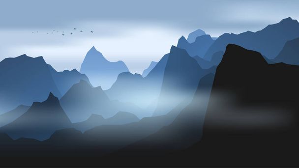 επίπεδο τοπίο με λόφους και βουνά σε ομίχλη και πουλιά που πετούν την αυγή, ρεαλιστική διάνυσμα - Διάνυσμα, εικόνα
