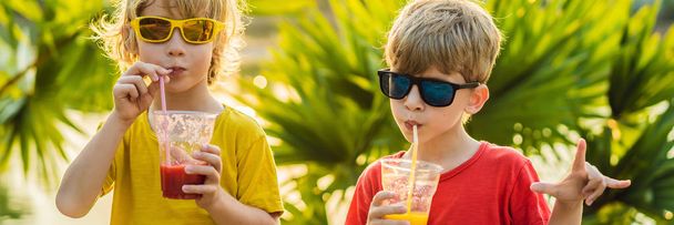 Двоє хлопчиків п'ють здорові коктейлі на тлі пальмових дерев. Манго і кавунові коктейлі. Здорове харчування та вітаміни для дітей
 - Фото, зображення