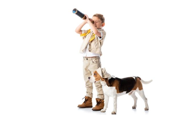 pełny widok długości przedszkolaka Explorer chłopiec z psem Beagle patrząc w Spyglass na białym tle - Zdjęcie, obraz