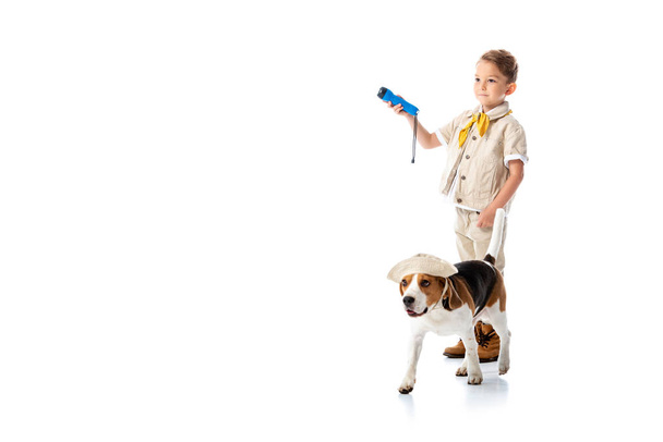 full length view of explorer child holding flashlight and beagle dog in hat on white - Фото, изображение