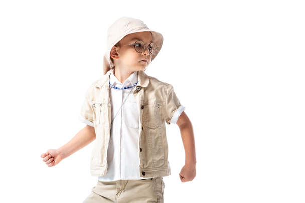 curious explorer kid in glasses looking away isolated on white - Foto, afbeelding
