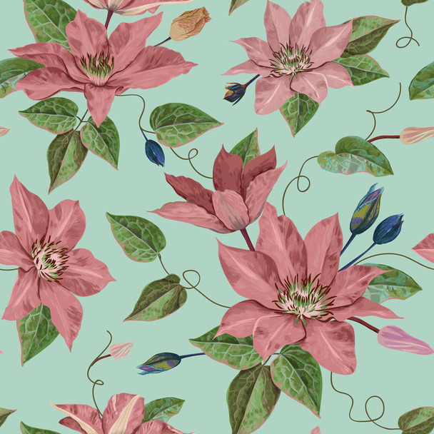 Watercolor Clematis Flowers. Floral Tropical Seamless Pattern for Wallpaper, Print, Fabric, Textile. Summer Background with Blooming Purple Flowers. Vector illustration - Vektör, Görsel