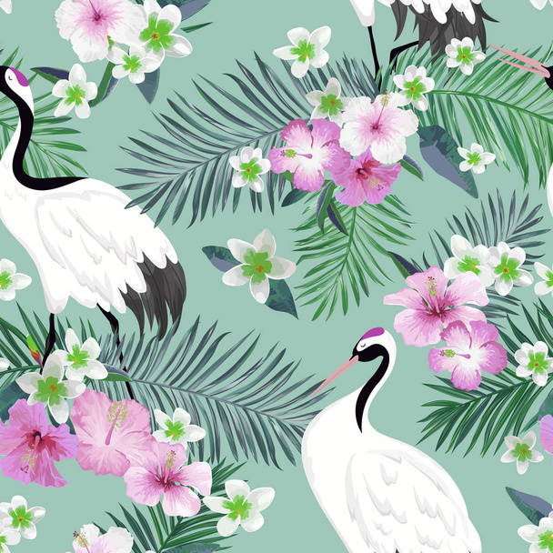 Seamless Pattern with Japanese Cranes and Tropical Flowers, Retro Bird Background, Floral Fashion Print, Birthday Japanese Decoration Set. Vector Illustration - Διάνυσμα, εικόνα