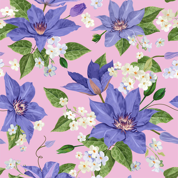 Watercolor Clematis Flowers. Floral Tropical Seamless Pattern for Wallpaper, Print, Fabric, Textile. Summer Background with Blooming Purple Flowers. Vector illustration - Vettoriali, immagini