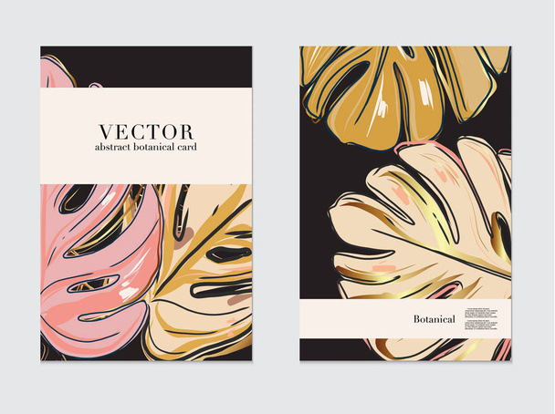 Greenery monstera greeting card. Vector invitation card template design, with pink gold leaves with white square frame. Gold glitter elements template - Vektor, Bild