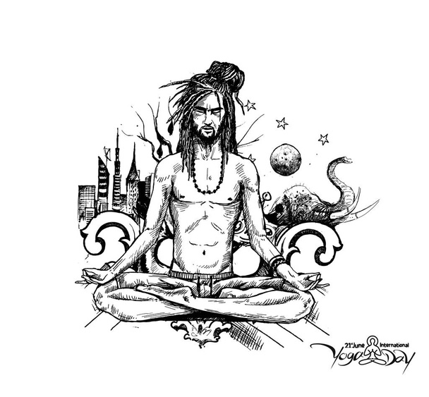 Yoga Guru Baba Procurando por paz interior com a cidade urbana. Mão Dra
 - Vetor, Imagem
