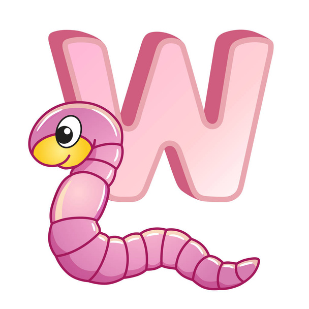 Διανυσματικά φωτεινά εικονογραφήσεις αλφάβητο με κεφαλαία γράμματα των αγγλικών και χαριτωμένα ζώα καρτούν και πράγματα. Αφίσα για το νηπιαγωγείο και το νηπιαγωγείο. Κάρτες για την εκμάθηση αγγλικών. Γράμμα W. worm - Διάνυσμα, εικόνα