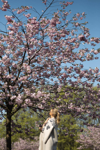 Gyönyörű szőke fiatal nő Sakura Cherry Blossom Park tavaszi élvező természet és a szabad idő alatt ő utazik turista szabad idő-fehér nadrágot és póló egy bézs kabát - Fotó, kép
