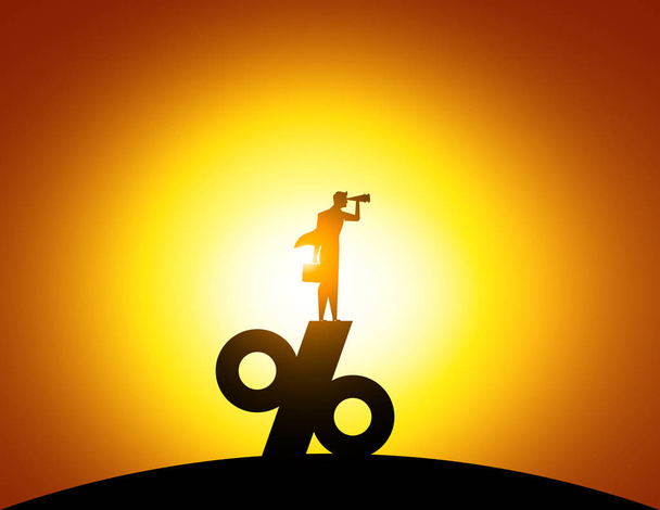 Silhouette Man looking through telescope standing on top of perc - Vector, Image