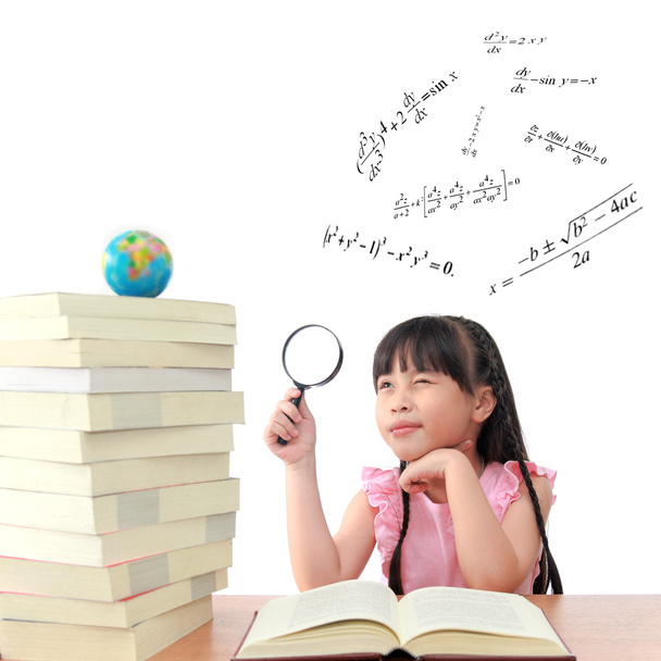 Genius little girl reading book isolated white background - Photo, Image
