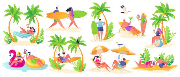 Tema de vacaciones de verano. Actividad al aire libre y descanso en la playa
. - Vector, imagen