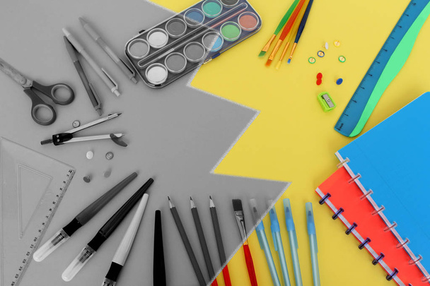 Colored school various stationery, paints, pencils, pens, on a yellow background. Back to school concept, top view, copy space - 写真・画像