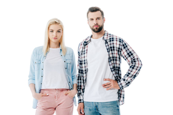 beautiful girl and handsome man looking at camera Isolated On White - Zdjęcie, obraz