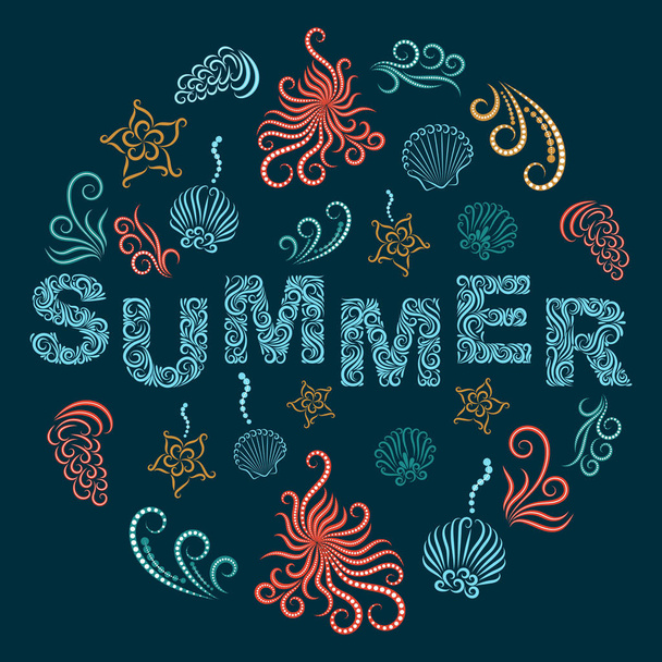 inscription summer,  Stylized vector illustration of the ornament. Pictures for your decor and design. Image black line - ベクター画像