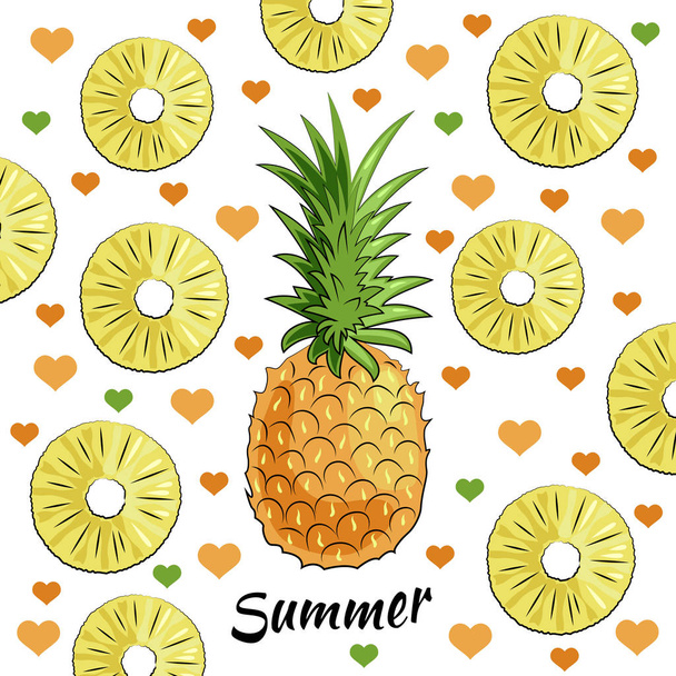 Summer set: juicy fruit pineapple, pineapple pieces, summer inscription, hearts. Isolated objects on white background. Image in yellow and green colors for your decor and design. Poster. Postcard. - ベクター画像