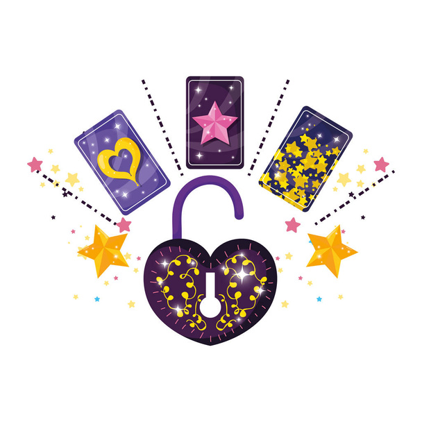 divination cards and padlock with heart shape - Vector, Image