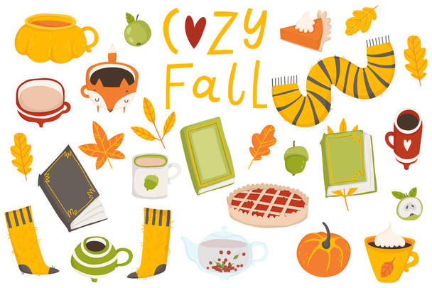 Autumn sticker collection. Set of cute autumn cartoon element. Fall season. Collection of scrapbook elements for party, fall festival or Thanksgiving day. - Вектор,изображение