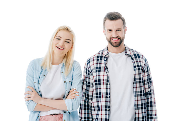 beautiful blonde girl and happy man looking at camera Isolated On White - Φωτογραφία, εικόνα