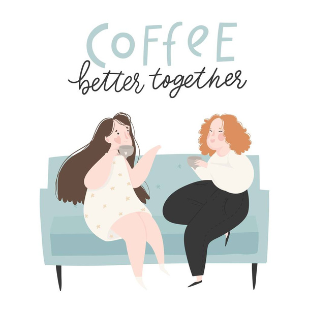 Vektorové kreslené ilustrace žen žena mluví na gauči s šálkem kávy - Vektor, obrázek
