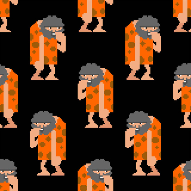 Padrão de arte pixel Caveman sem costura. Homem pré-histórico 8 bit backgr
 - Vetor, Imagem