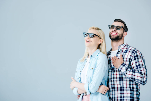 happy man and girl in 3d glasses watching movie isolated on grey - Fotoğraf, Görsel